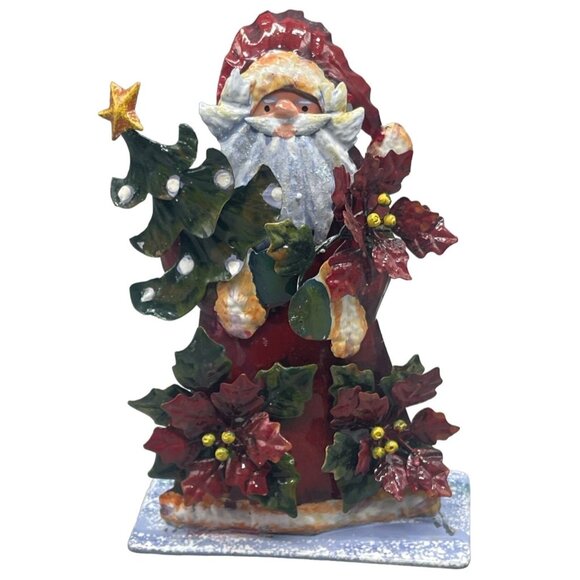 Christmas Santa figurine tin layered poinsettia red green floral tree 8" READ - Picture 1 of 7